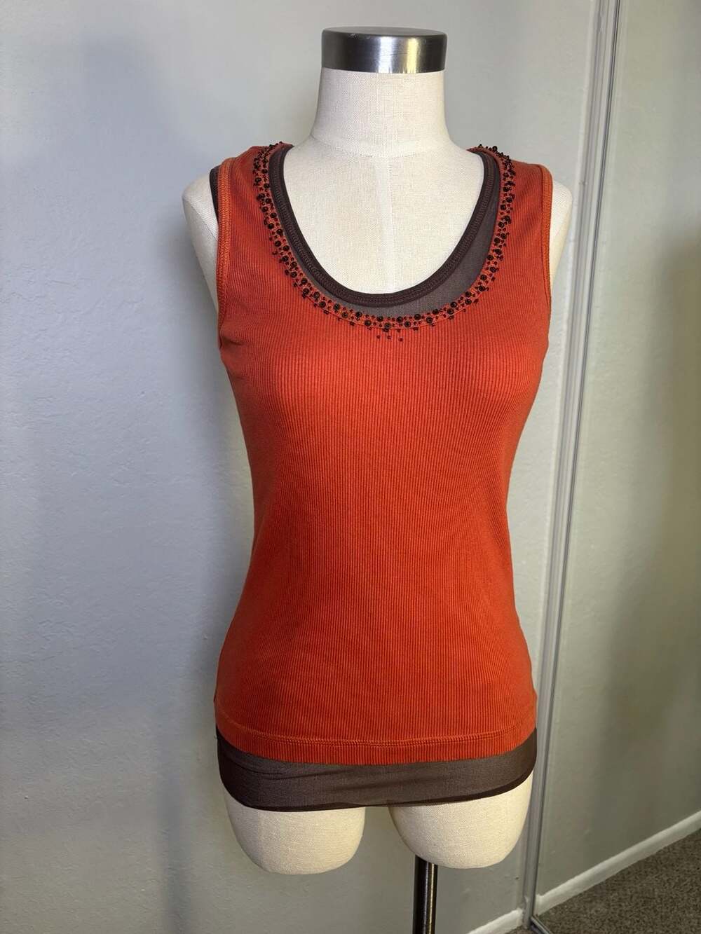 Reba Beaded Tank Top Orange Brown Ribbed Layered Mesh Y2K